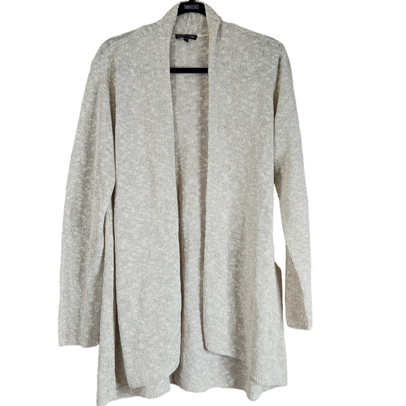 Eileen Fisher Womens Long Line Cardigan Sweater Large Linen Tan Brown Open Front - Picture 1 of 8